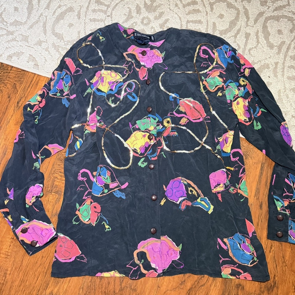 Escada 100% Silk Art to Wear Sequin Button Down Top Size 40 Black artsy abstract
